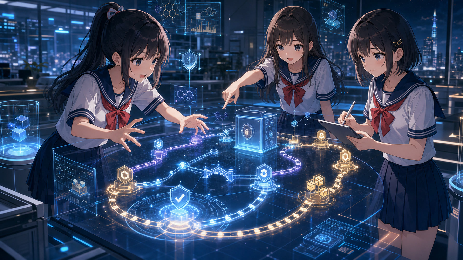 三位制服女孩協作評估多鏈架構、橋接與安全驗證的 AI 生成情境示意圖