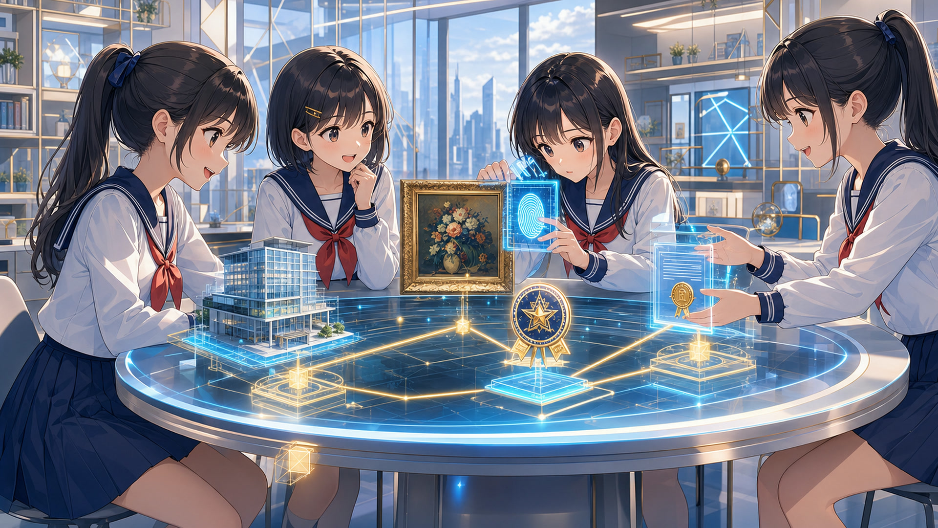 四位制服女孩以建築、藝術品與可信資料節點進行跨產業驗證的 AI 生成概念圖