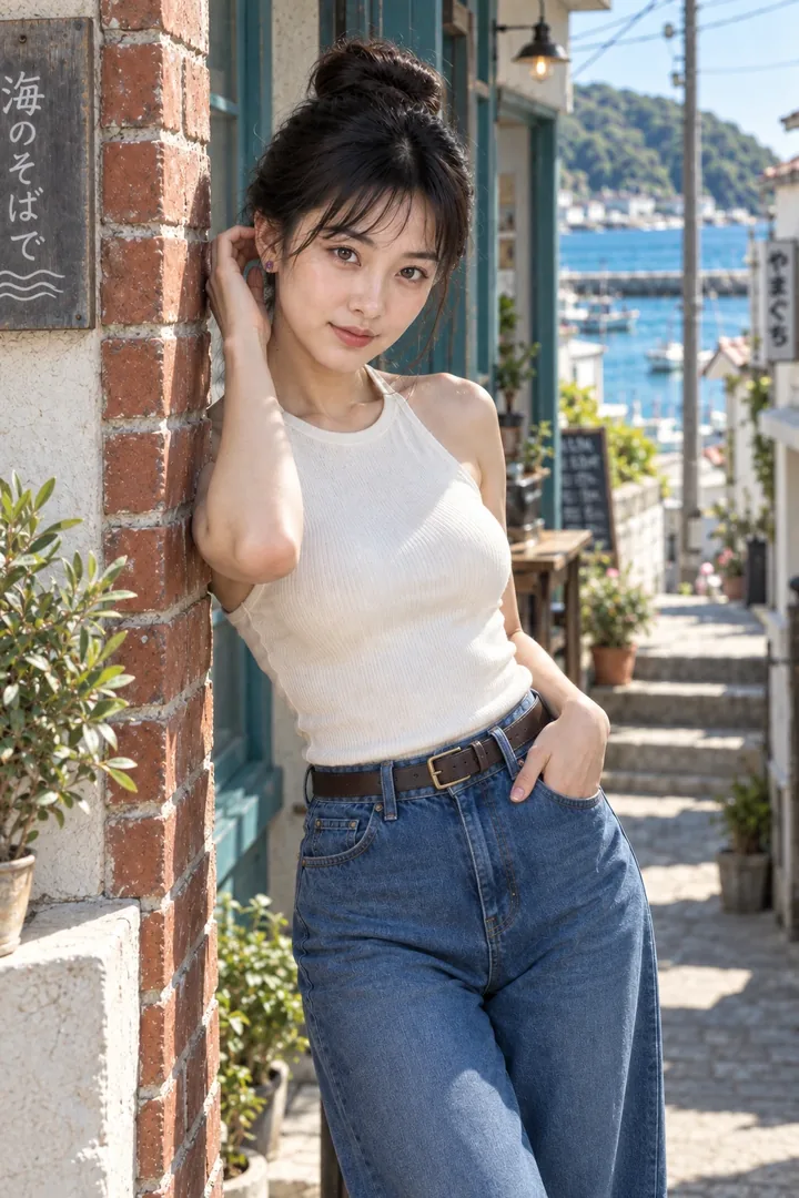 李瓶兒，側身倚著磚牆微笑望向海港碼頭（AI 生成，非真人照片）
