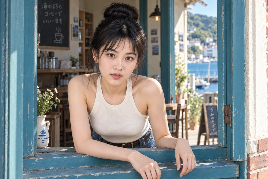 李瓶兒，趴在藍綠窗台望向鏡頭陽光灑落（AI 生成，非真人照片）