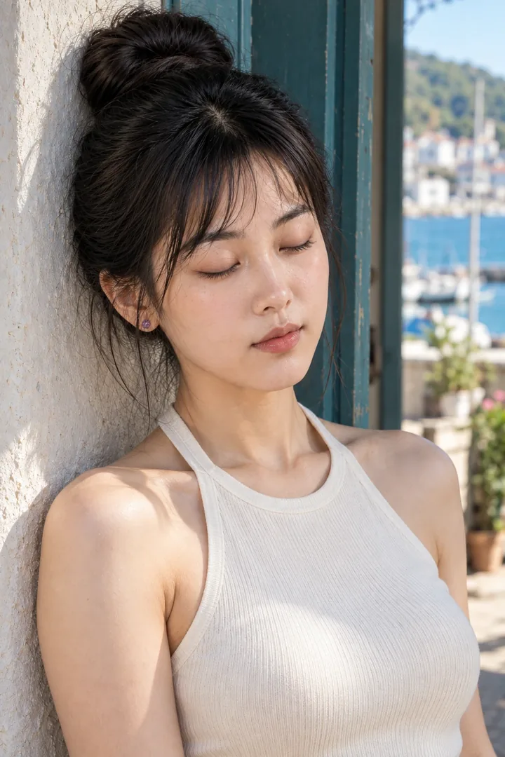 李瓶兒，閉眼倚牆感受海風輕拂白色背心（AI 生成，非真人照片）