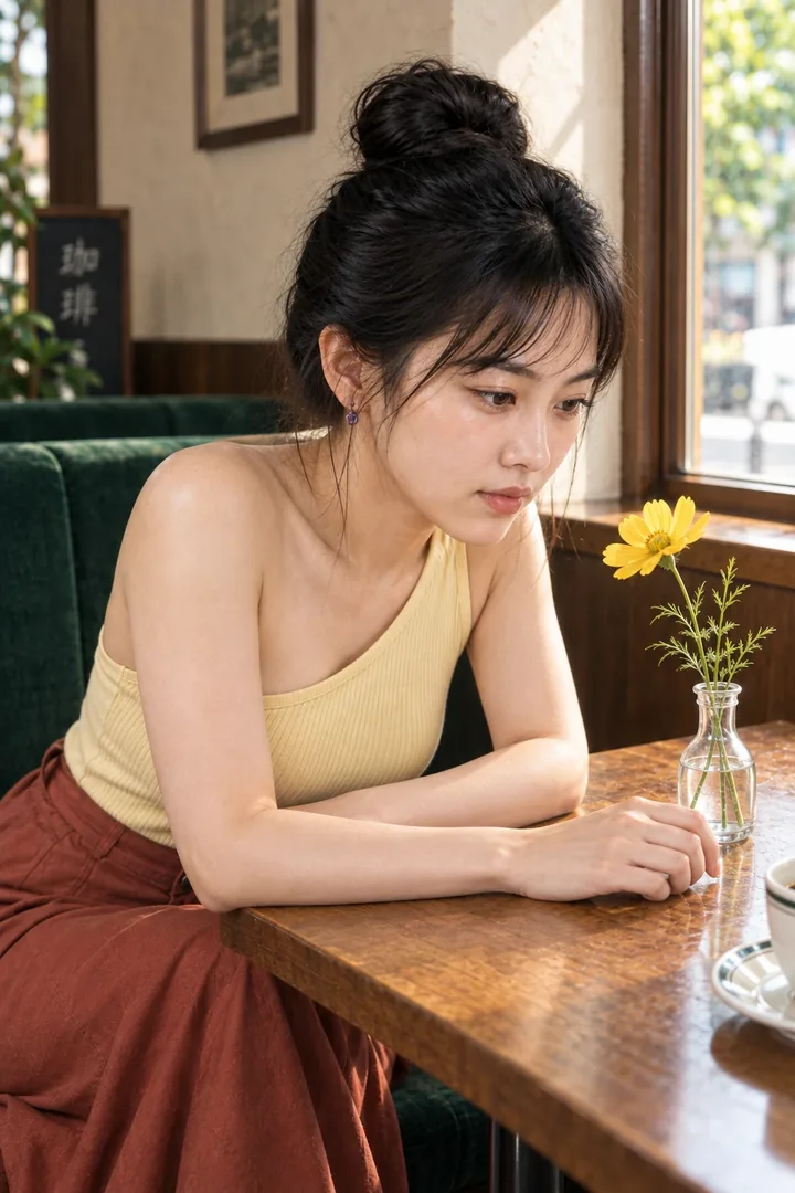 李瓶兒，單肩鵝黃背心側頭望向窗外街景（AI 生成，非真人照片）