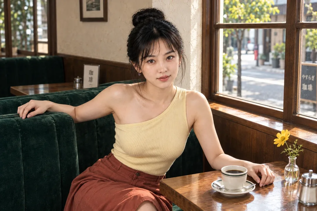 李瓶兒，單肩鵝黃背心手扶桌面望向遠方（AI 生成，非真人照片）