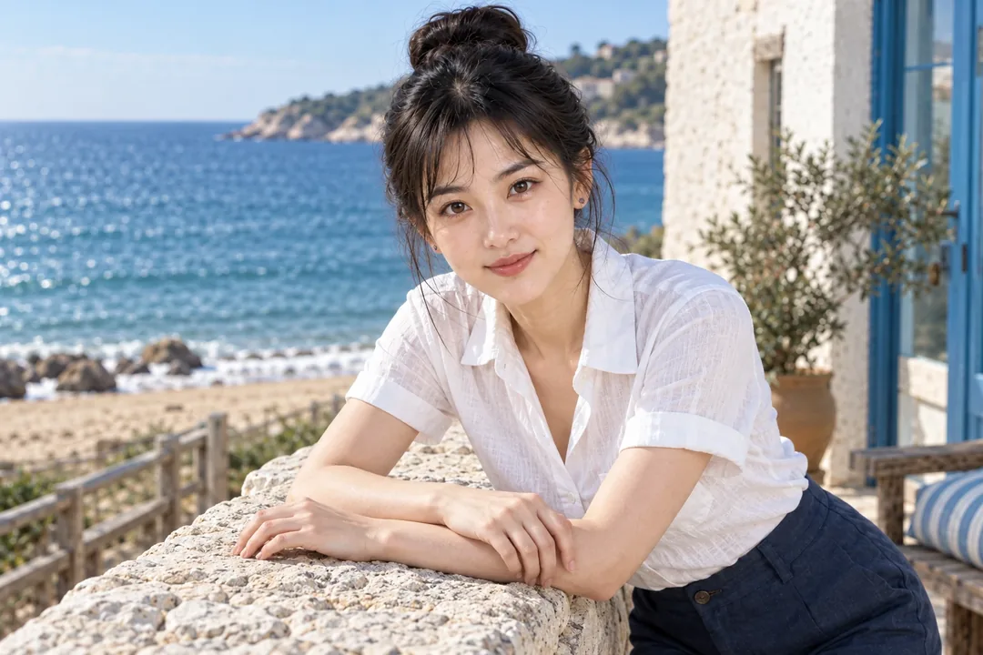 李瓶兒，白襯衫倚石牆微笑背對藍色海灣（AI 生成，非真人照片）