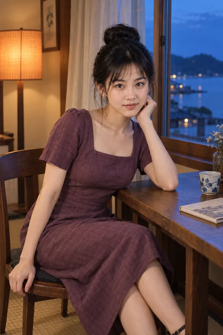 李瓶兒，酒紅方領洋裝托腮坐窗邊小憩（AI 生成，非真人照片）