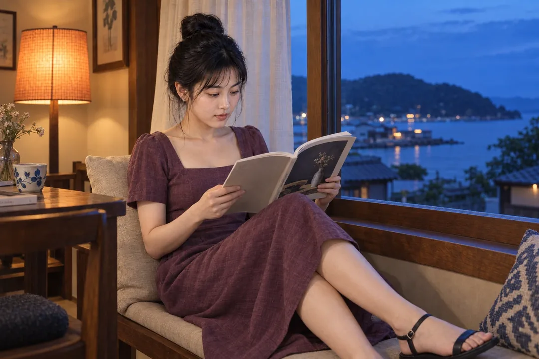 李瓶兒，酒紅洋裝翹腳坐窗邊翻閱書本（AI 生成，非真人照片）