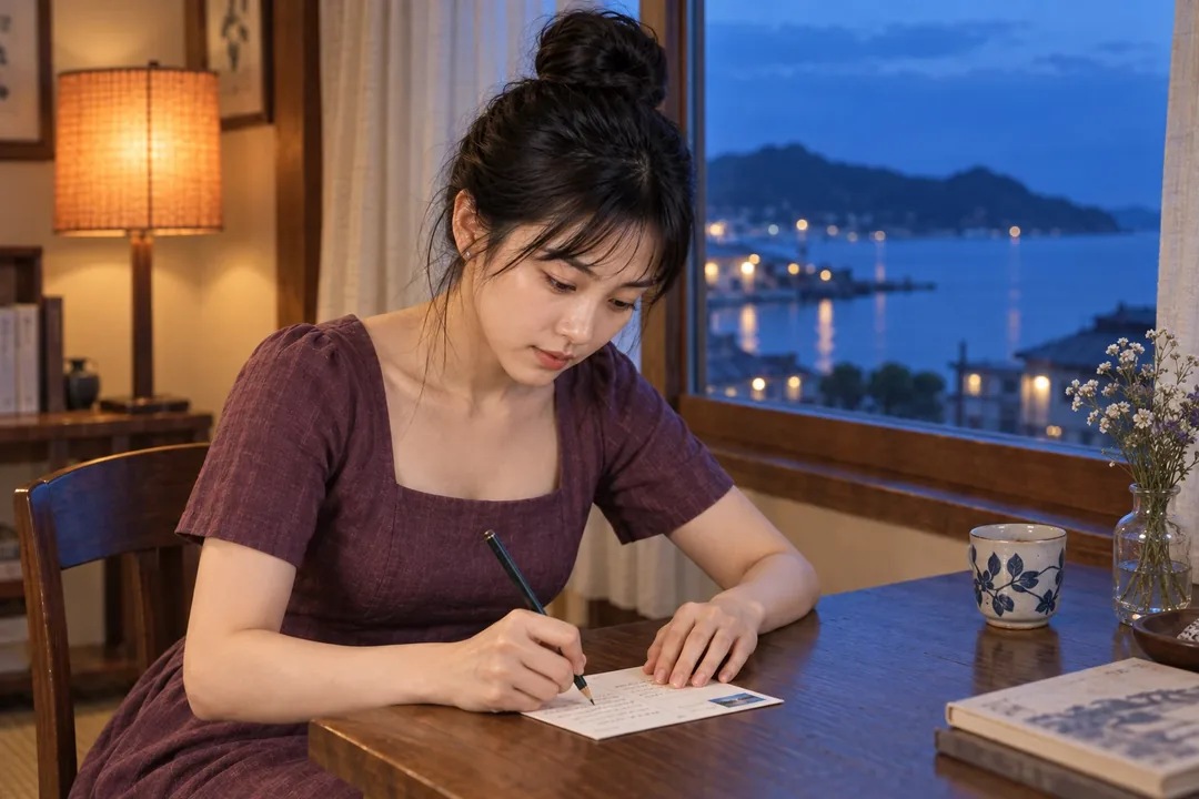 李瓶兒，酒紅洋裝伏案提筆寫信望向窗外（AI 生成，非真人照片）