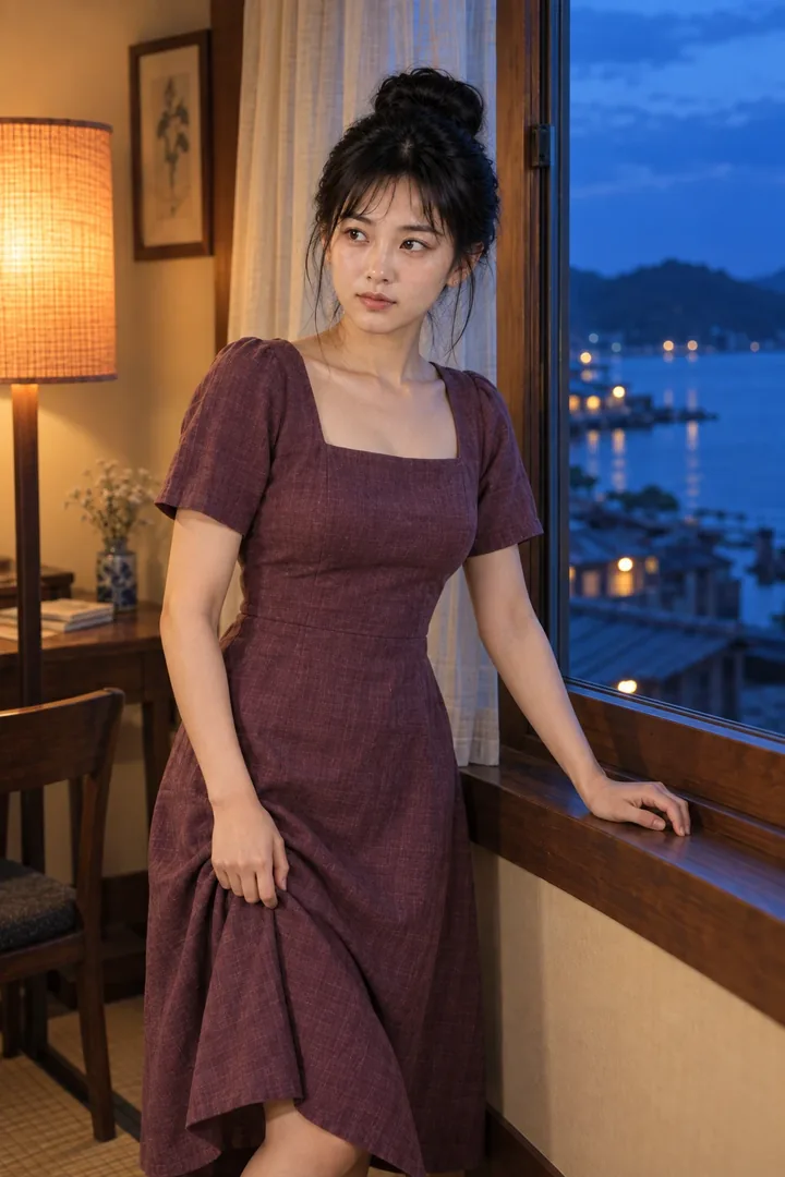 李瓶兒，酒紅洋裝倚靠木椅望向窗外夜景（AI 生成，非真人照片）