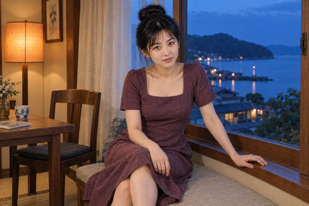 李瓶兒，酒紅洋裝坐窗邊手扶窗框望遠方（AI 生成，非真人照片）