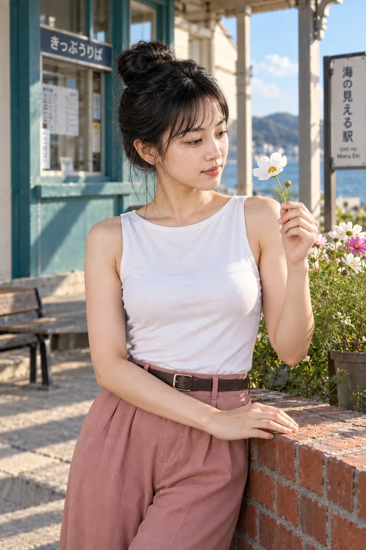 李瓶兒，白背心倚窗台伸手撥花微笑（AI 生成，非真人照片）