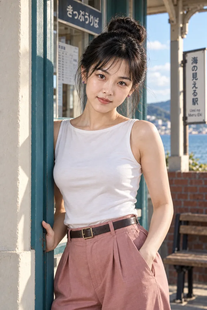 李瓶兒，白背心粉色寬褲坐長椅望向海面（AI 生成，非真人照片）