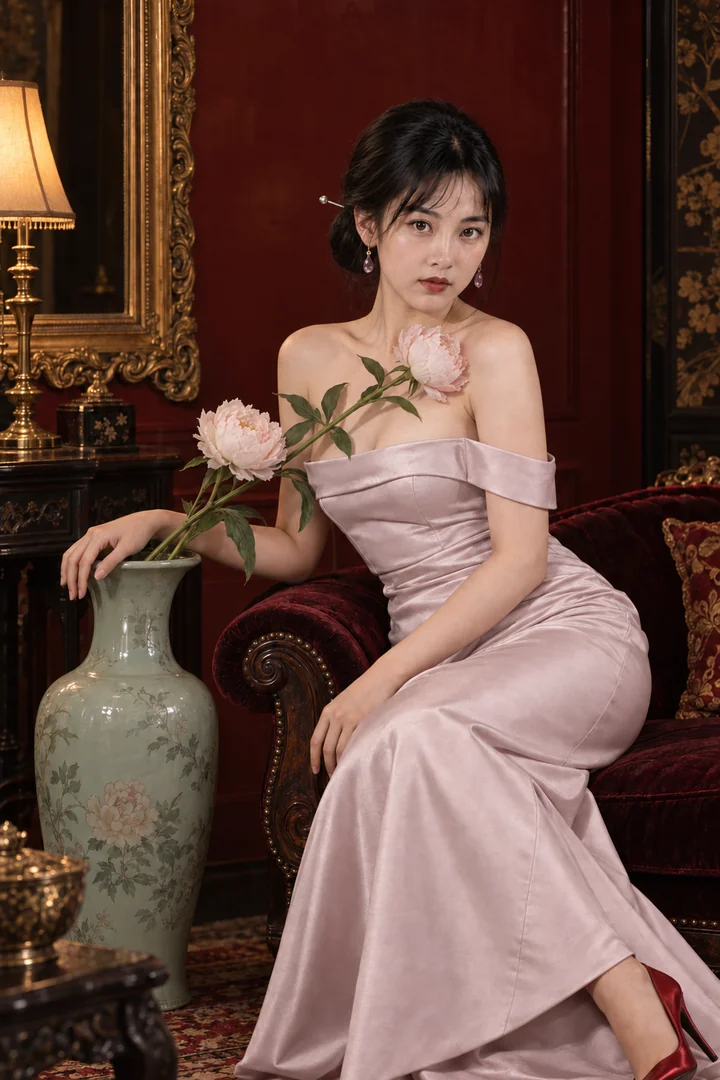 寫真集封面：李瓶兒，藕色露肩緞禮服坐在絲絨長椅扶手手扶青瓷瓶口牡丹橫過鎖骨紅漆牆（AI 生成，非真人照片）