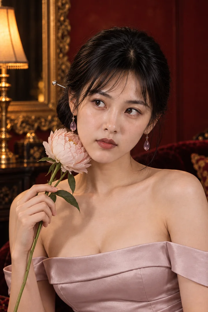 李瓶兒，頭肩特寫淡色牡丹貼在下顎紫瑛耳墜暖光紅漆牆（AI 生成，非真人照片）