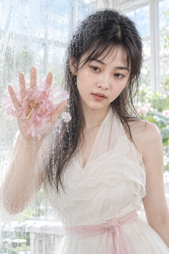 李瓶兒，隔著起霧玻璃掌心壓平濕牡丹象牙白紗禮服臉貼近玻璃高調白光（AI 生成，非真人照片）