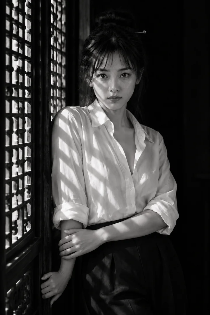 李瓶兒，黑白半身肩靠雕花木格柵敞領白襯衫黑寬褲一手抓屏風邊格影落在襯衫（AI 生成，非真人照片）