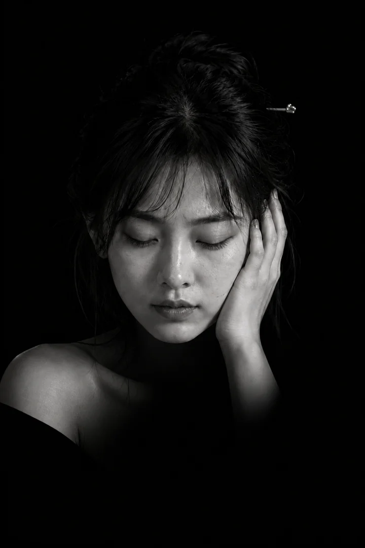 李瓶兒，黑白近景左手掌掩左耳閉眼硬側光只照臉手背與滑落單肩襯衫其餘全黑（AI 生成，非真人照片）