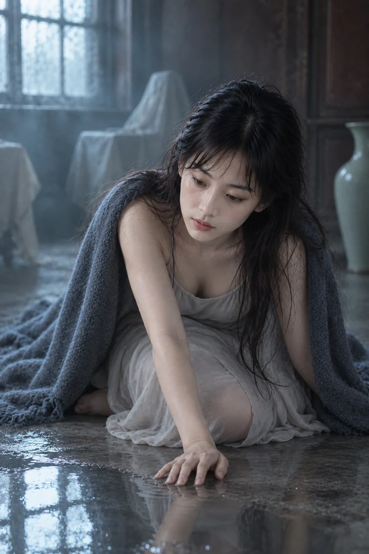 李瓶兒，低角跪姿一手平貼地板俯身看地上映著霧窗的水鴿灰吊帶裙灰藍披肩冷青低彩（AI 生成，非真人照片）