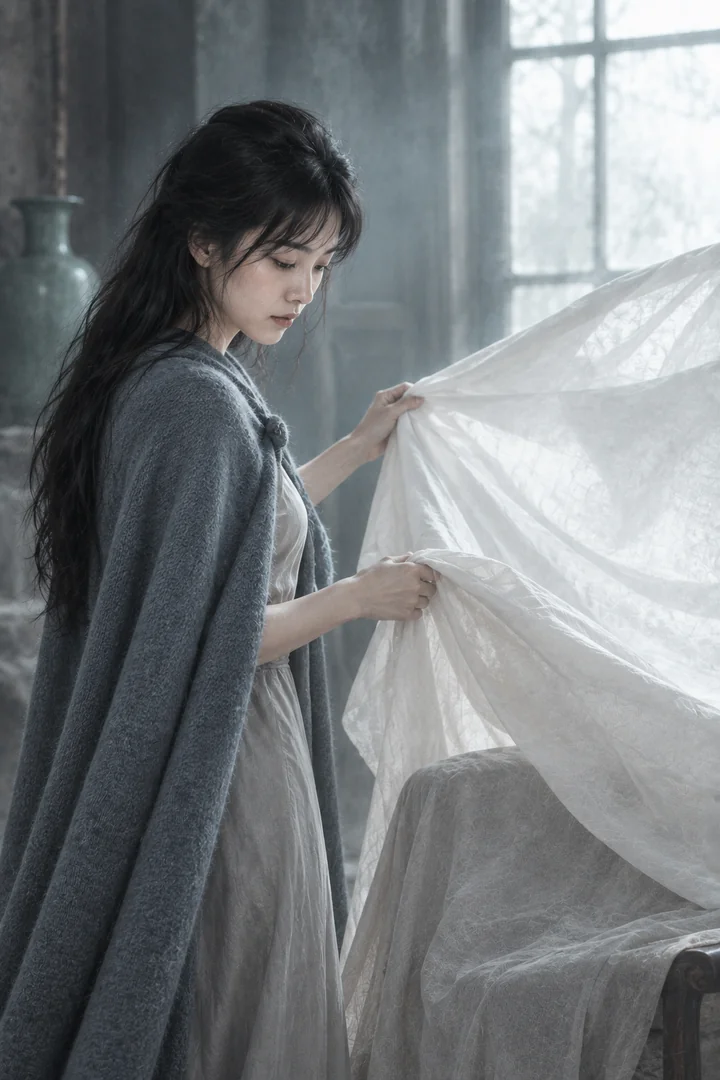 李瓶兒，側面半身雙手掀起白色防塵布布揚起如簾灰藍披肩鴿灰裙起霧窗光冷青低彩（AI 生成，非真人照片）
