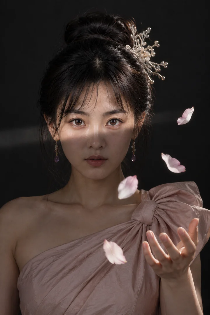 李瓶兒，近景臉從黑裡浮出一道硬光橫過眼睛與銀簪頭飾花瓣凝在半空手在右下張開（AI 生成，非真人照片）